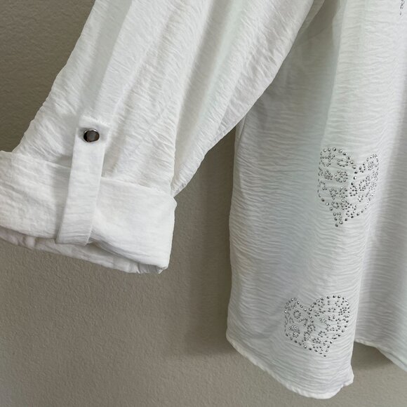 Cocomo Woman Plus 3X White Heart Print Tunic Top Blouse Roll Tab Sleeve Shirt - Picture 8 of 12